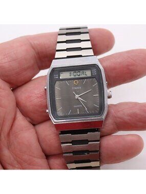 Vtg TIMEX Q Analog Digital Watch Men Alarm Chrono Silver Tone V Cell ISSUES READ